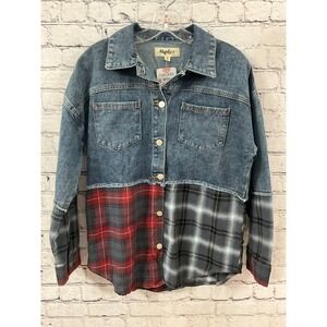 HAPTICS DENIM AND PLAID WOMENS BUTTON DOWN TOP‎ SIZE SMALL NWT